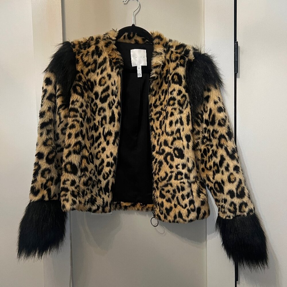 Leith Leopard Print Faux Fur Jacket, Size XS